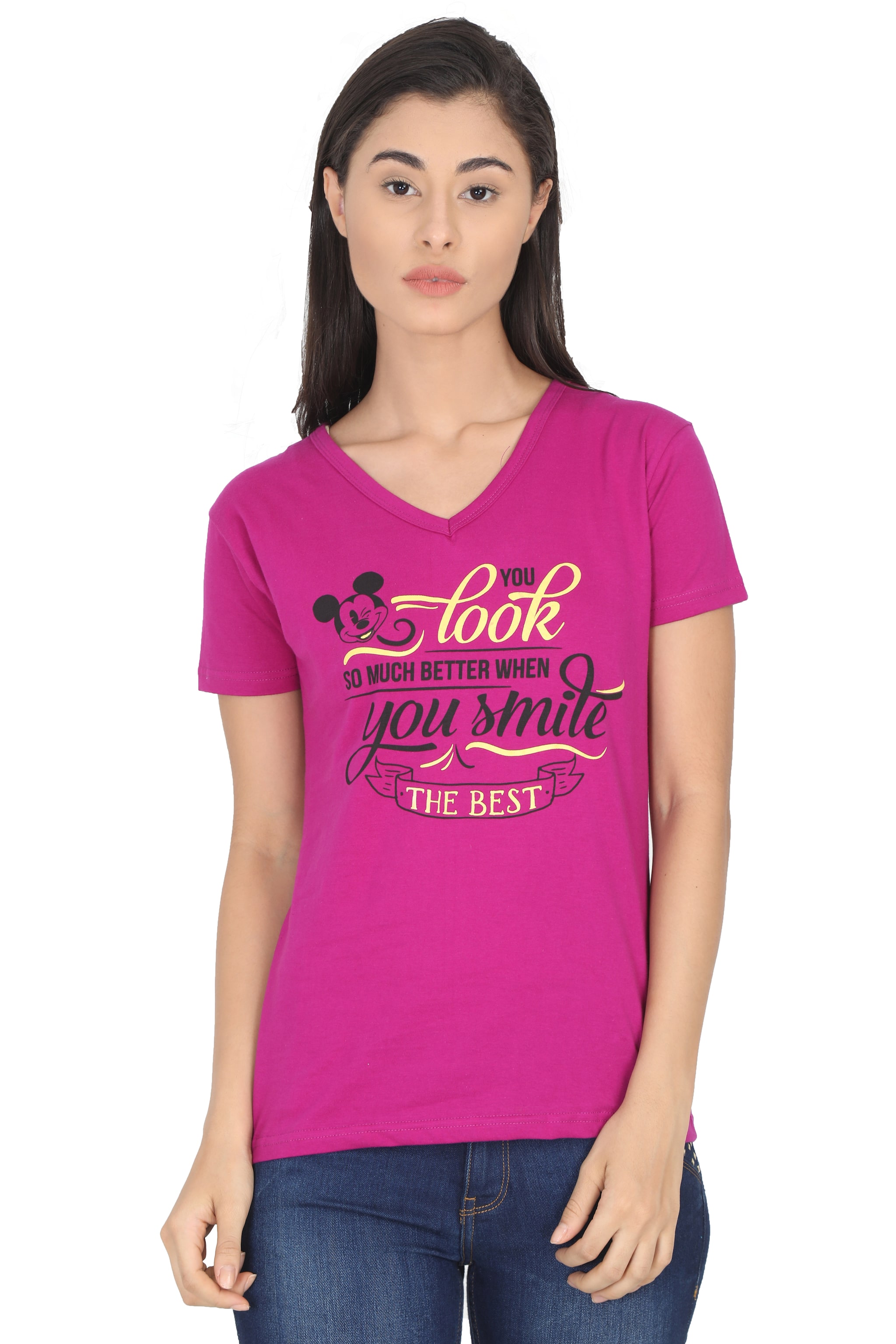 

Fleximaa Women Magenta Regular fit V neck Cotton T shirt