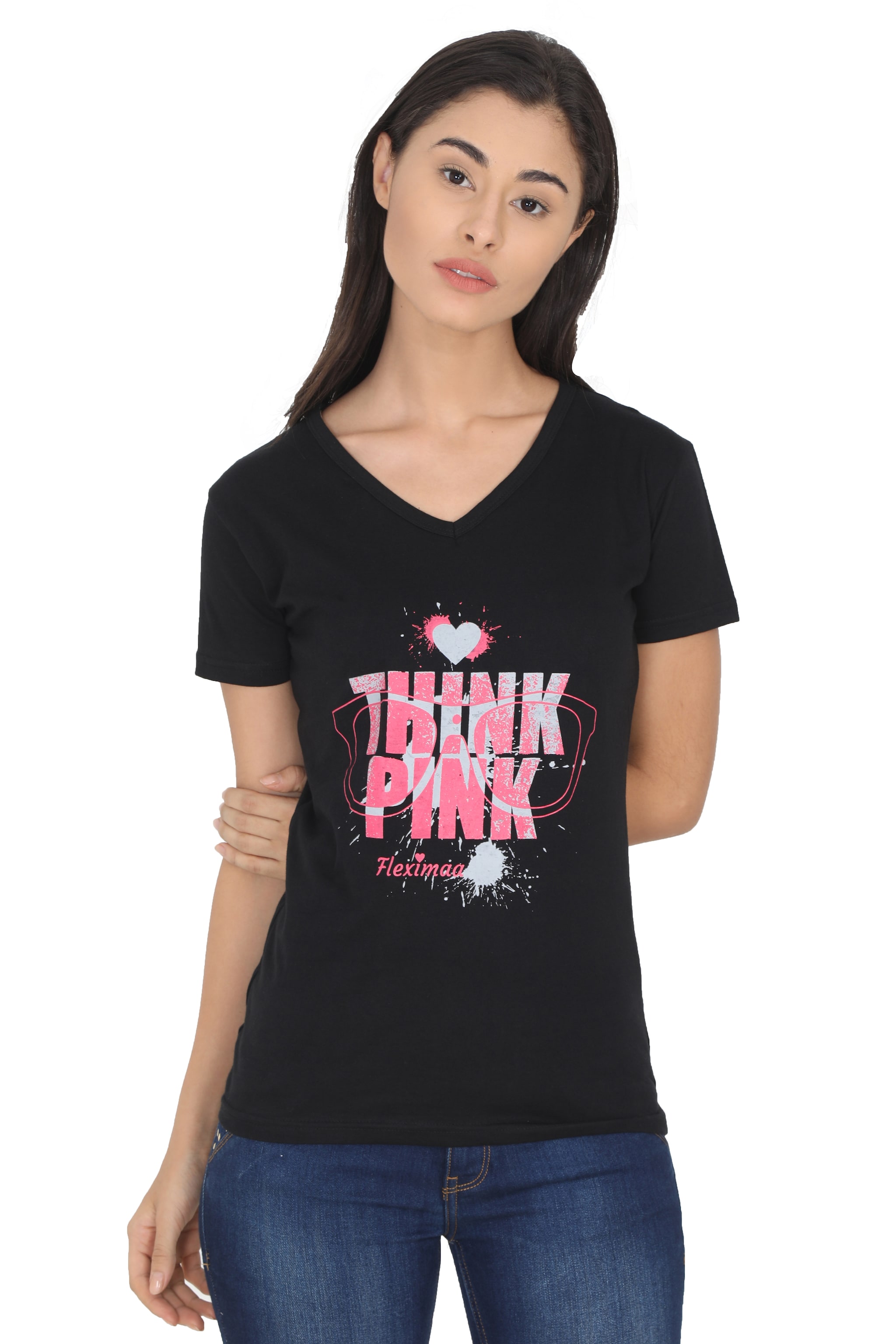 

Fleximaa Women Black Regular fit V neck Cotton T shirt