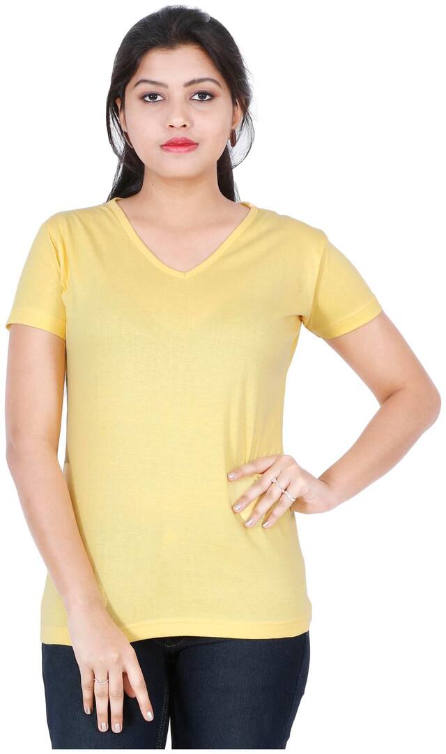 Fleximaa Women's Cotton V Neck T-shirt Plain Yellow Color S Size