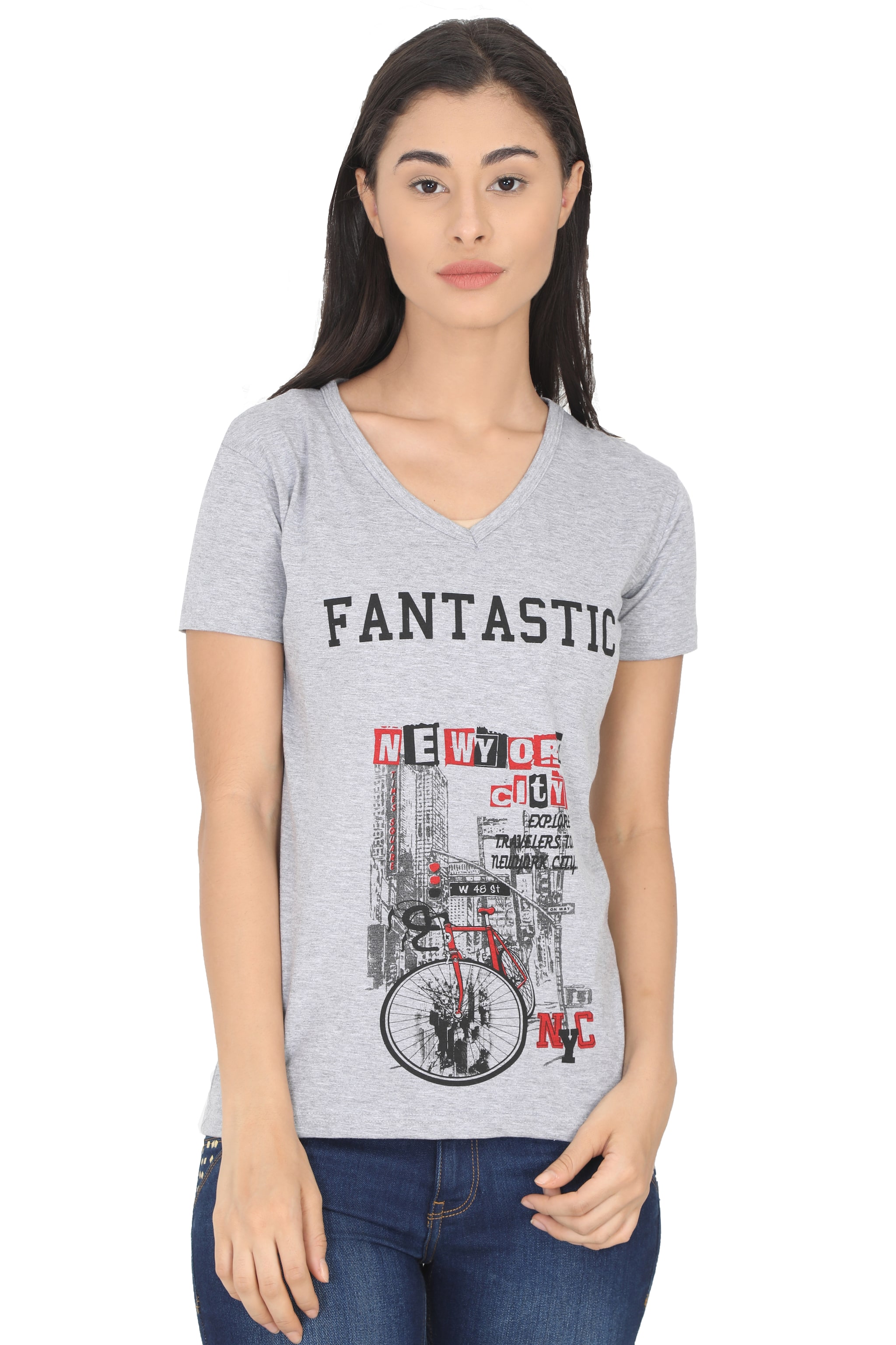 

Fleximaa Women Grey Regular fit V neck Cotton T shirt