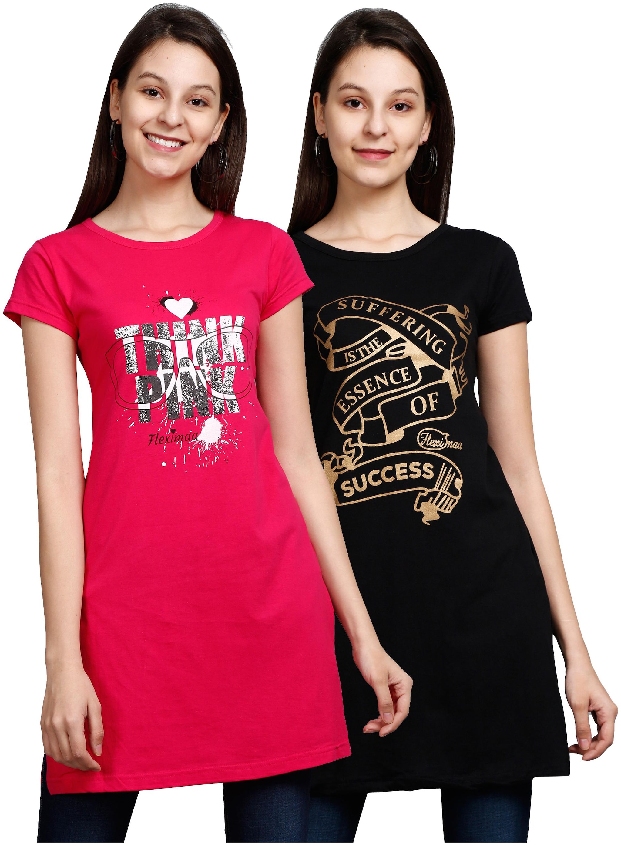 

Fleximaa Women Pink Black Regular fit Round neck Cotton T shirt