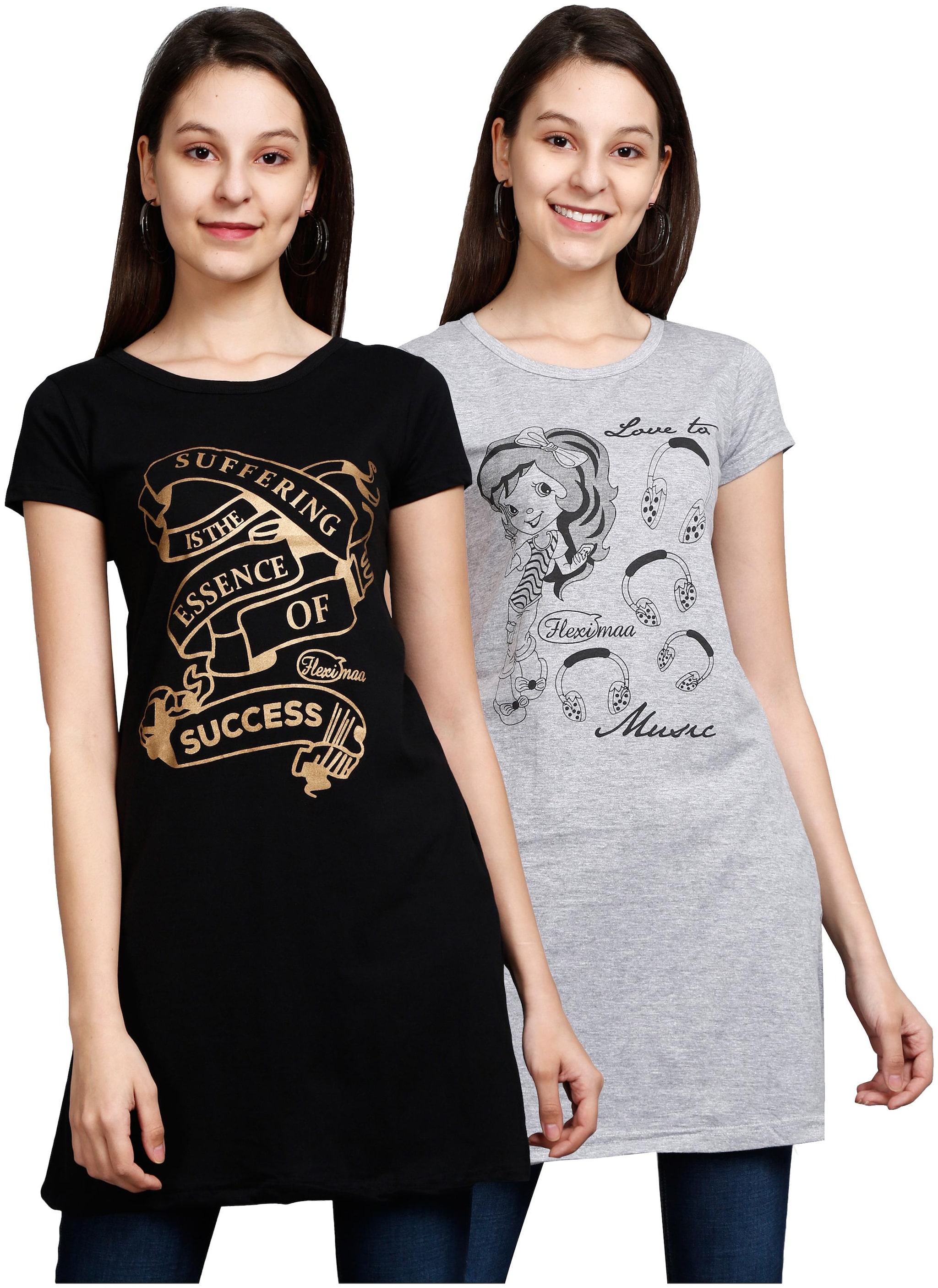 

Fleximaa Women Black Grey Regular fit Round neck Cotton T shirt