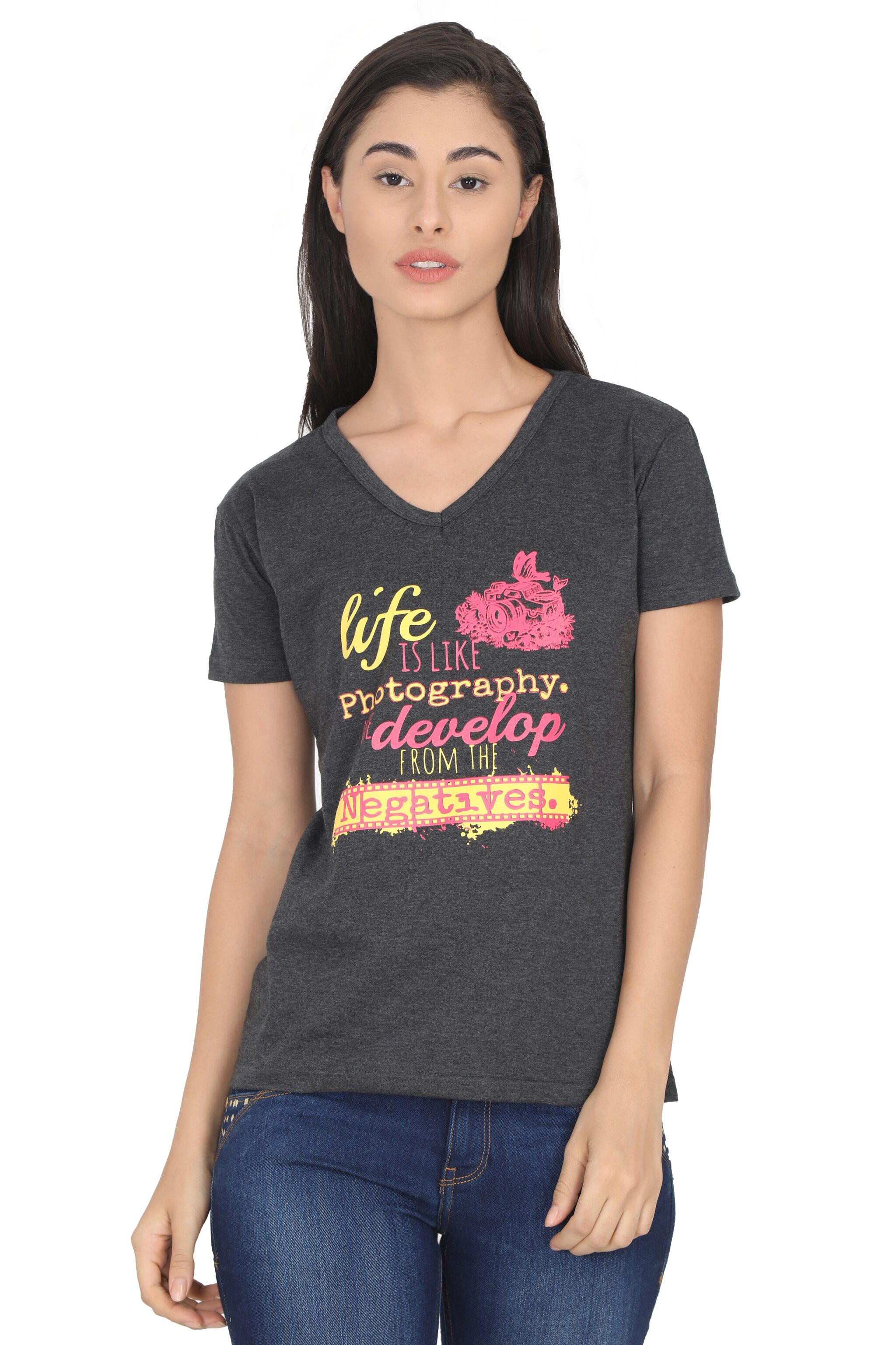 

Fleximaa Women Grey Regular fit V neck Cotton T shirt