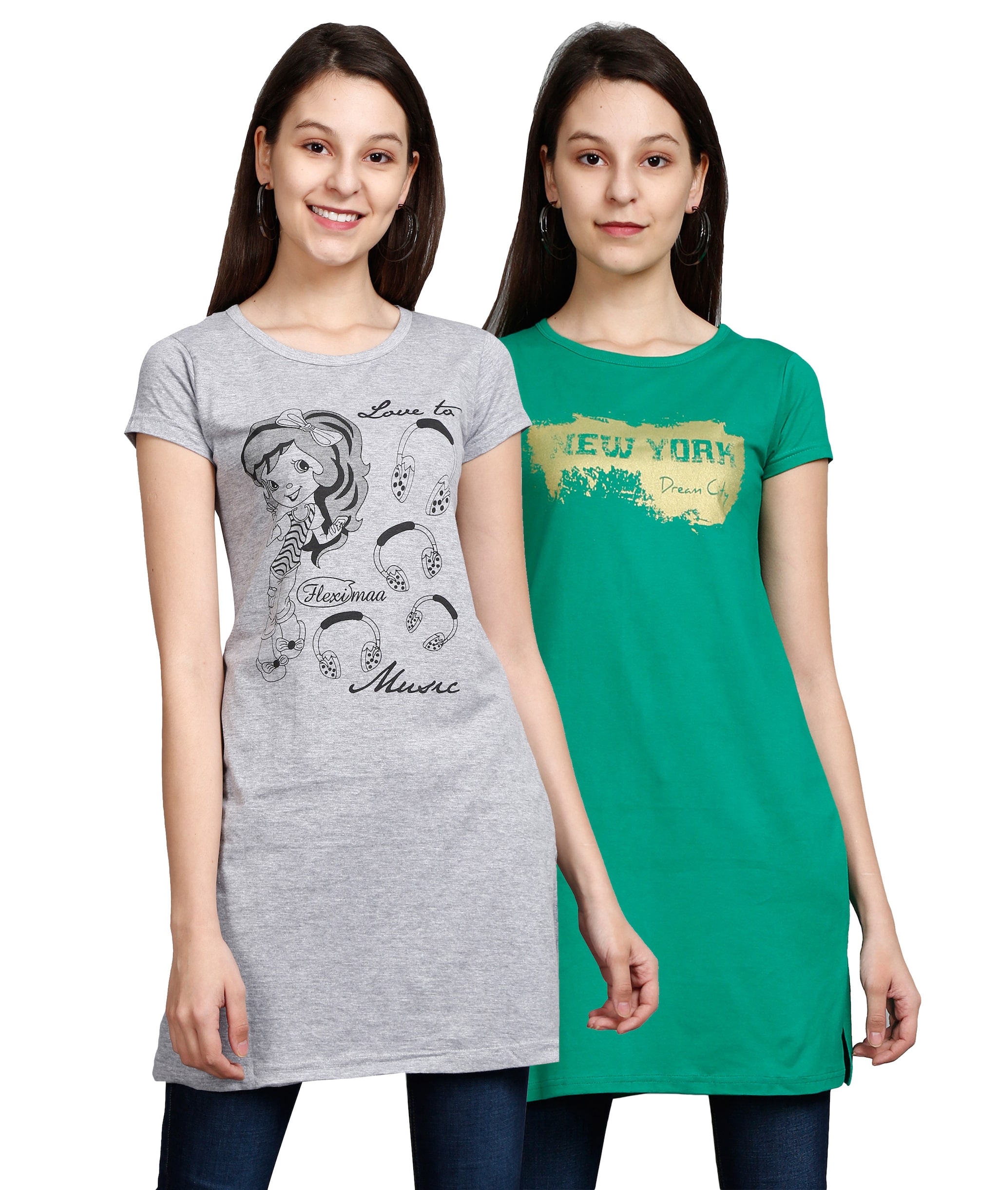 

Fleximaa Women Green Grey Regular fit Round neck Cotton T shirt