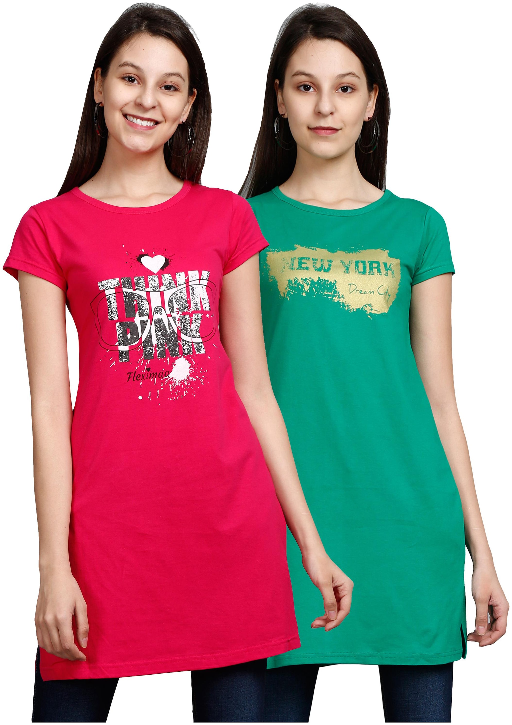 

Fleximaa Women Pink Green Regular fit Round neck Cotton T shirt