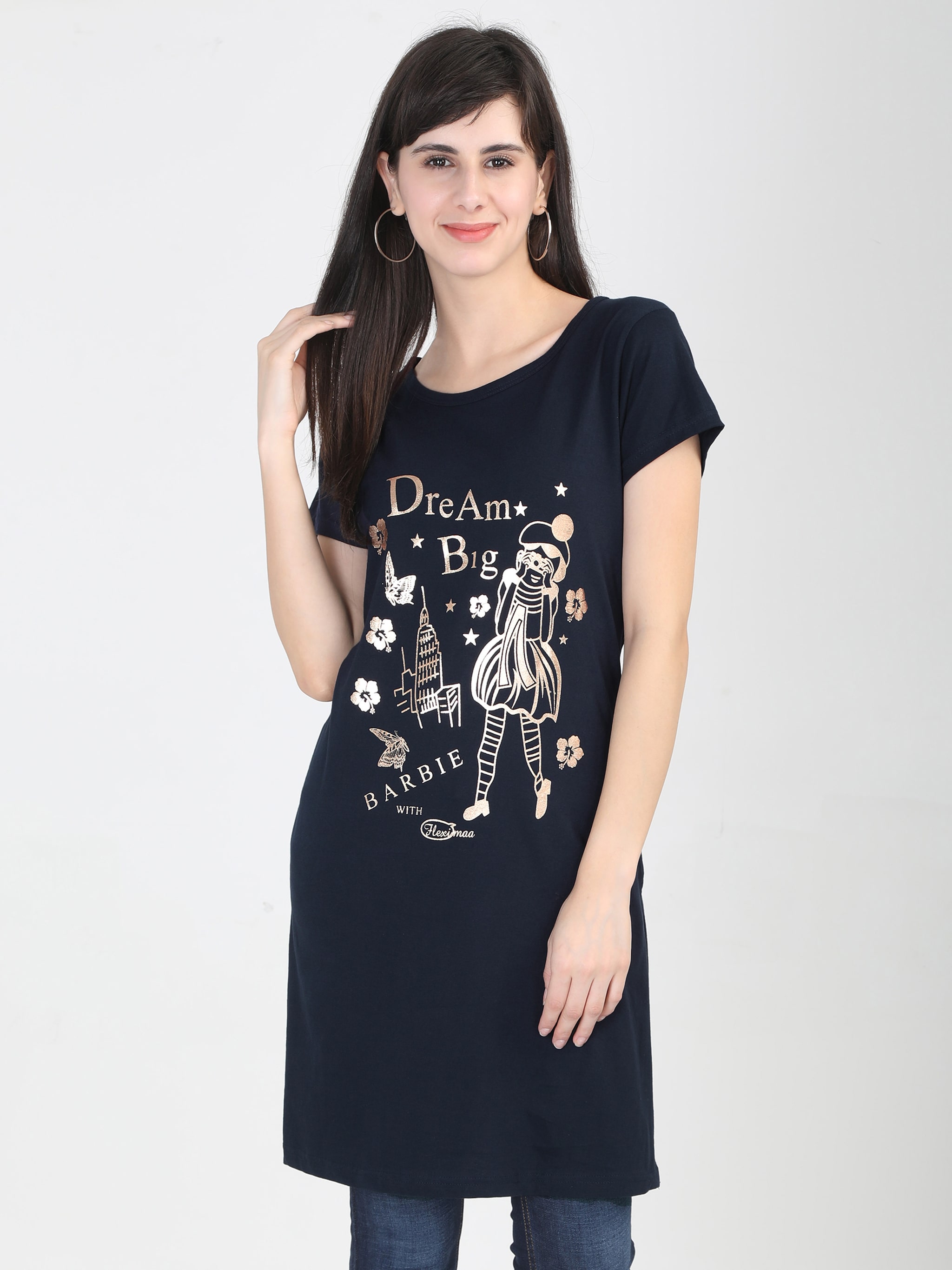 

Fleximaa Womens Cotton Long Top Printed With Slit Navy Blue
