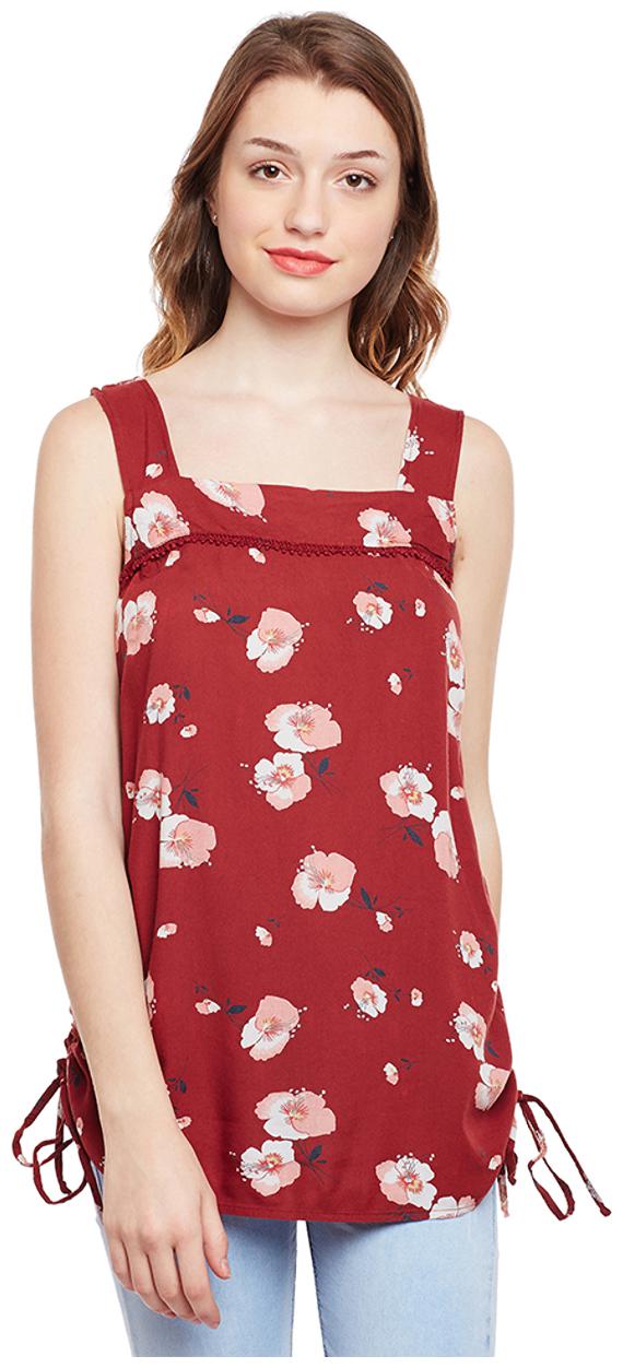 

Floral Wine Lace Tie Detail Top