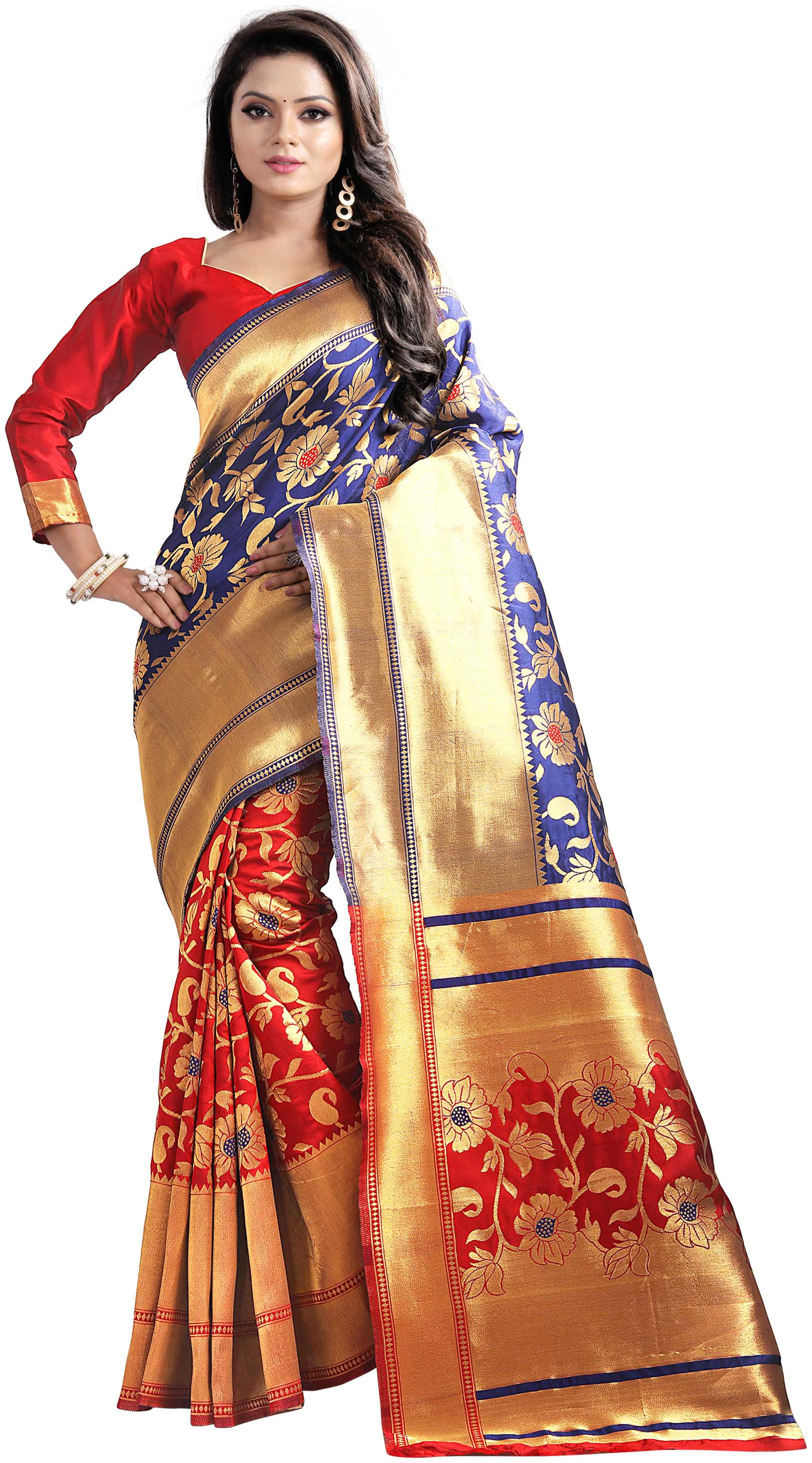 

Florence Blue Banarasi Silk Printed Saree with Blouse