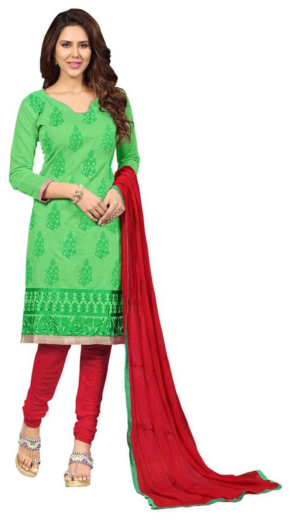 

Florence Green Red Chanderi Cotton Embroidered Dress Material