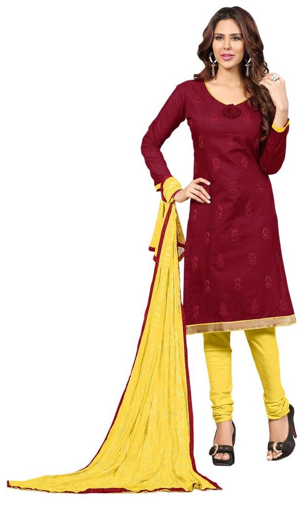 

Florence Maroon Yellow Chanderi Cotton Embroidered Dress Material
