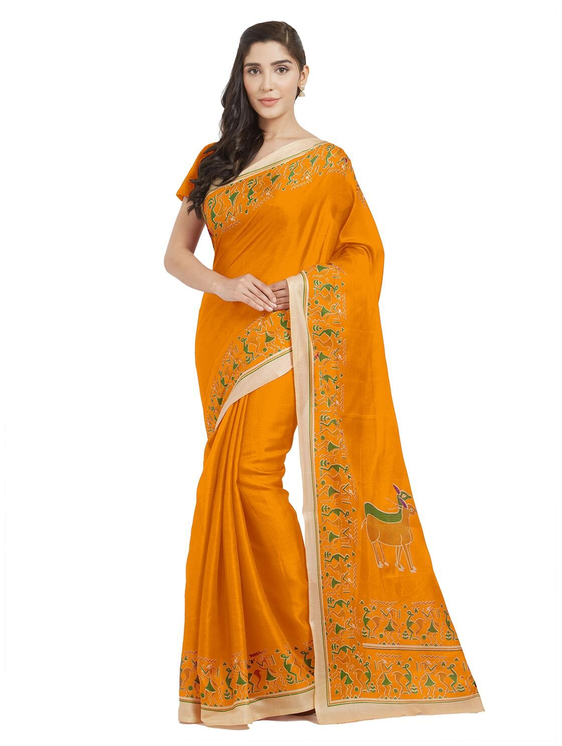 

Florence Orange Poly Cotton Printed Designer Saree