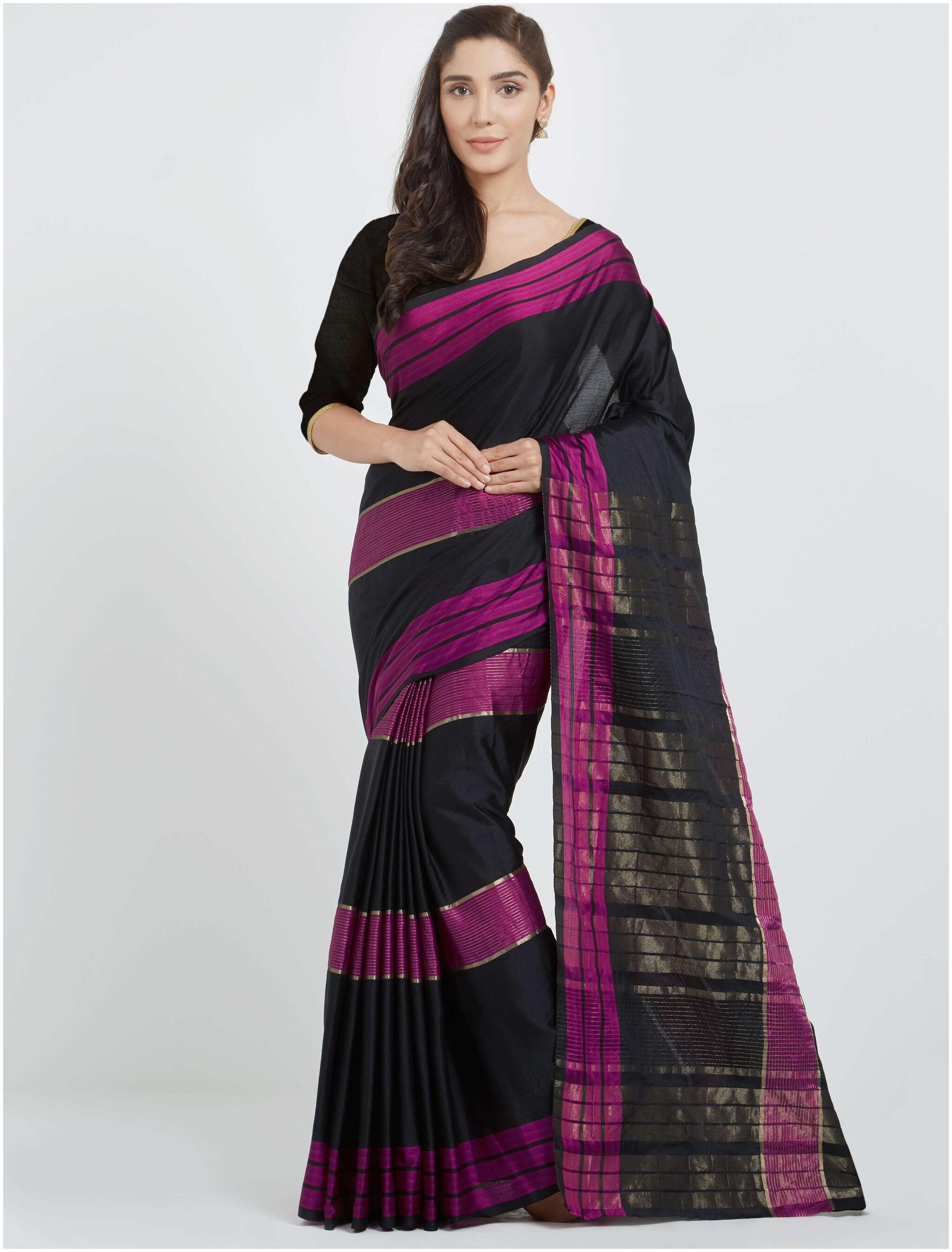 

Florence Pink Black Cotton Silk Plain Saree With Blouse