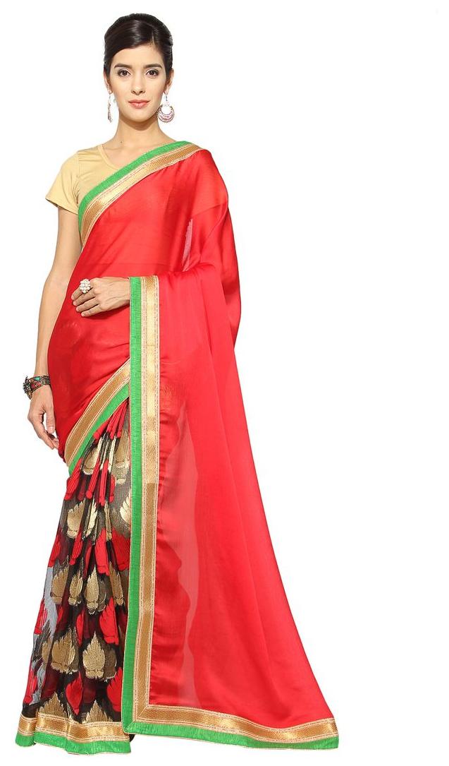

Florence Red Embroidered Universal Half Half Saree With Blouse With blouse