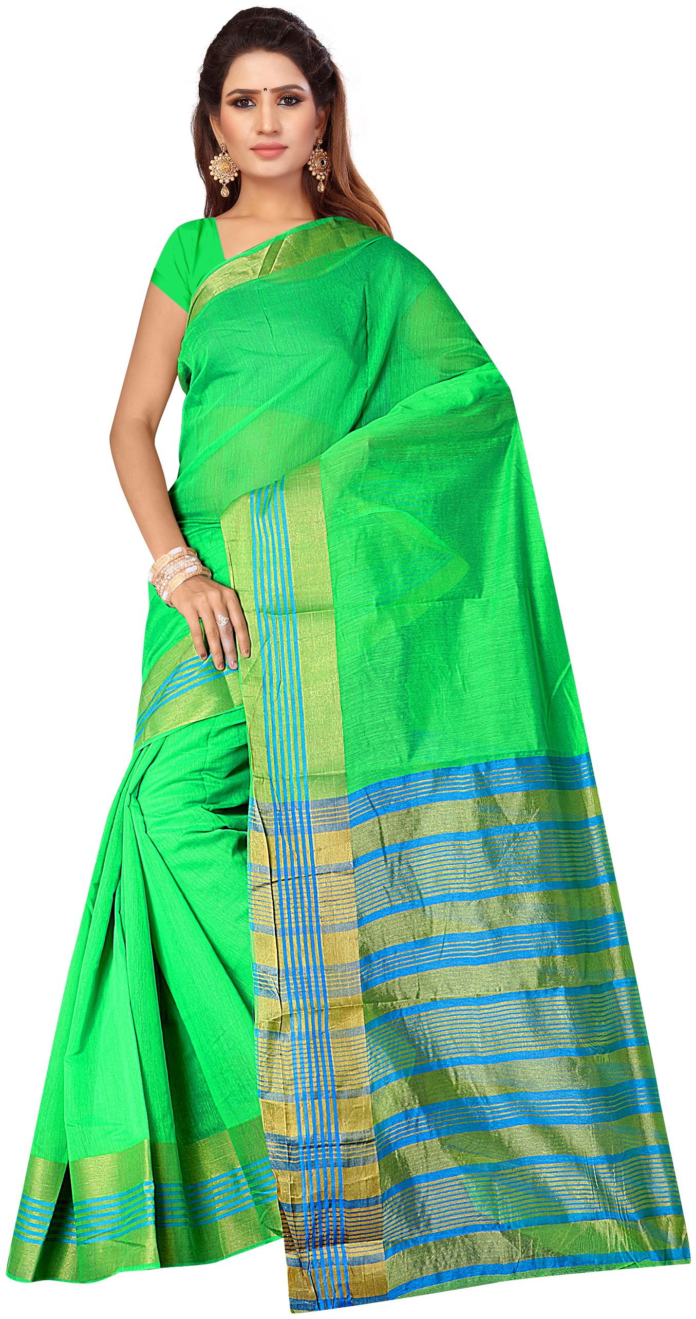 

Florence Green Striped Universal Regular Saree With Blouse With blouse