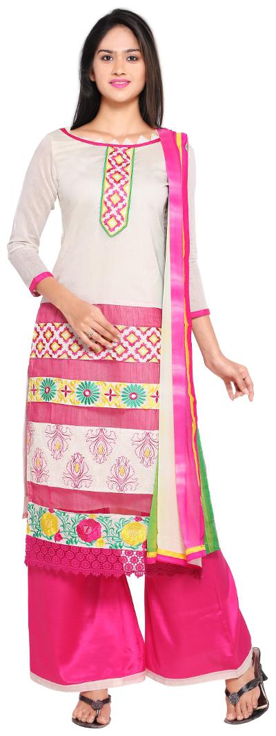 

Florence White Pink Chanderi Cotton Embroidered Dress Material