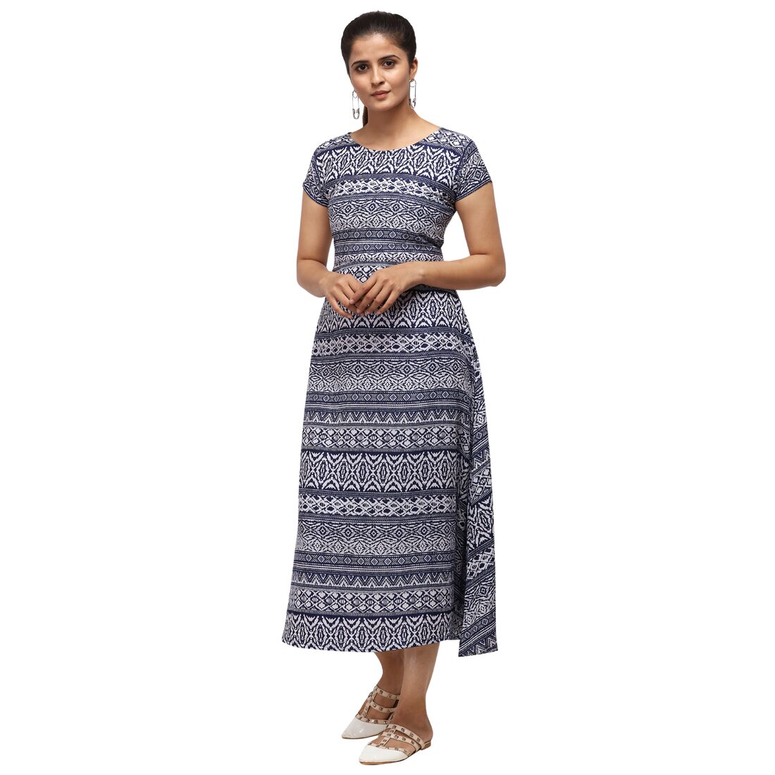 

Florence Women Crepe Printed Navy Blue Fit Flare Dress