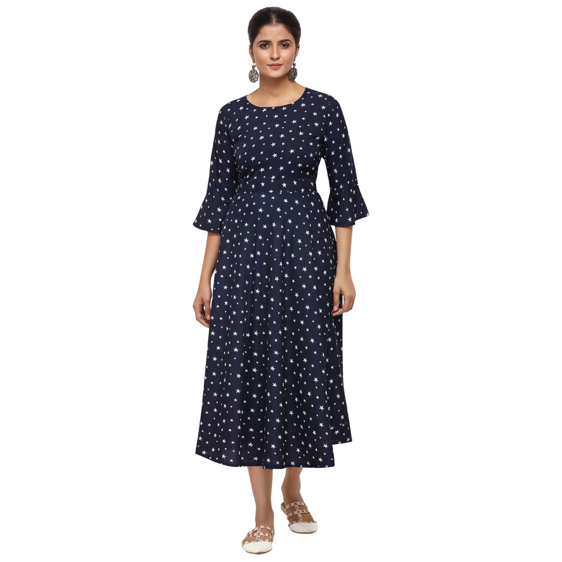 

Florence Women Crepe Printed Navy Blue Fit Flare Dress