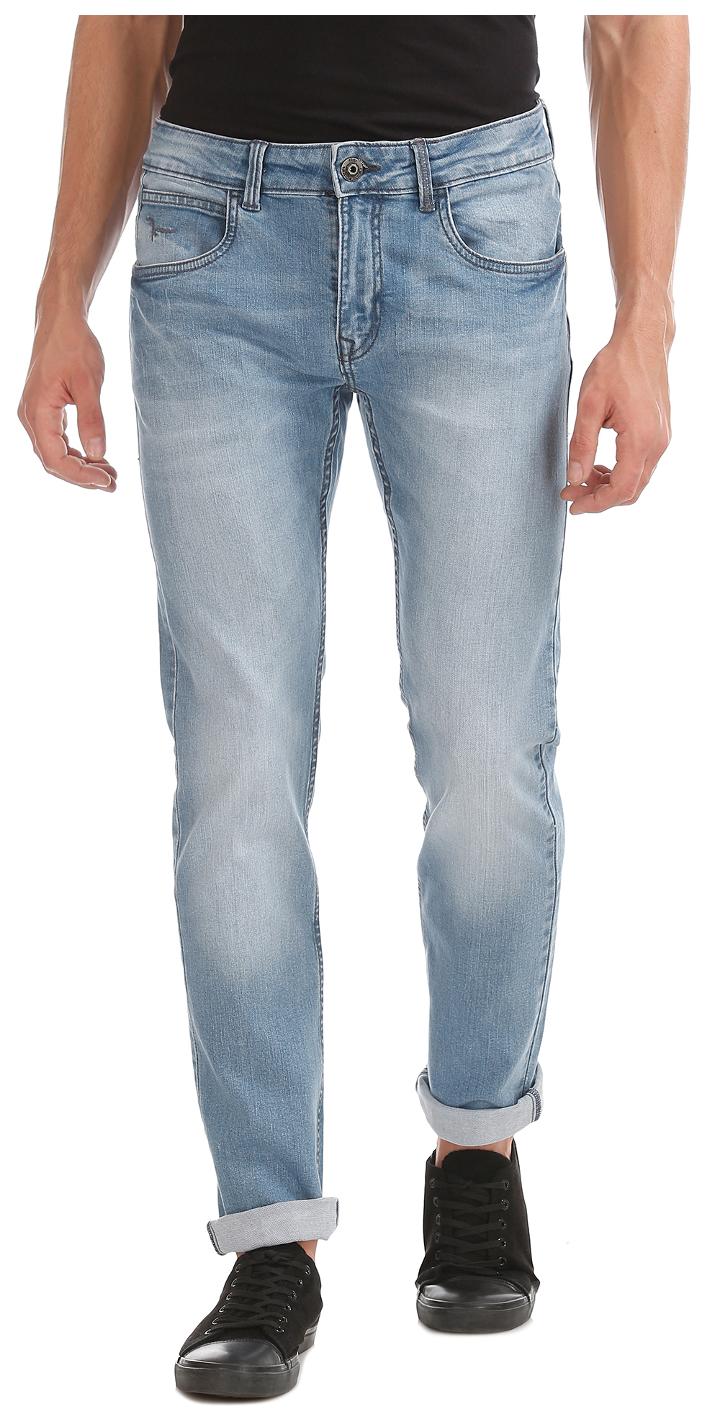 Flying Machine Blue Cotton Slim Tapered Fit Stone Wash Jeans