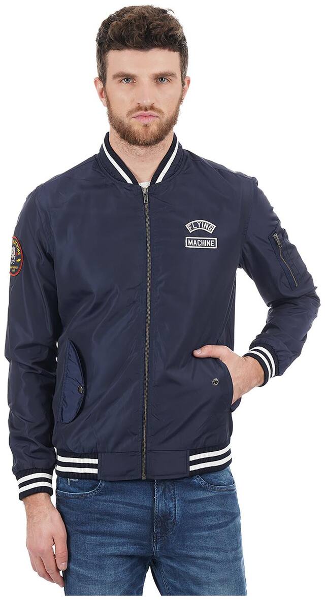 Flying Machine Men Blue Solid Biker jacket