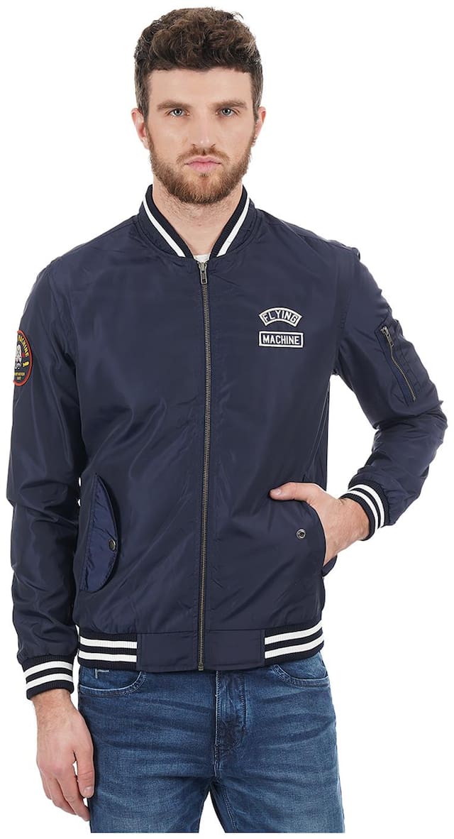 Flying Machine Men Blue Solid Biker jacket