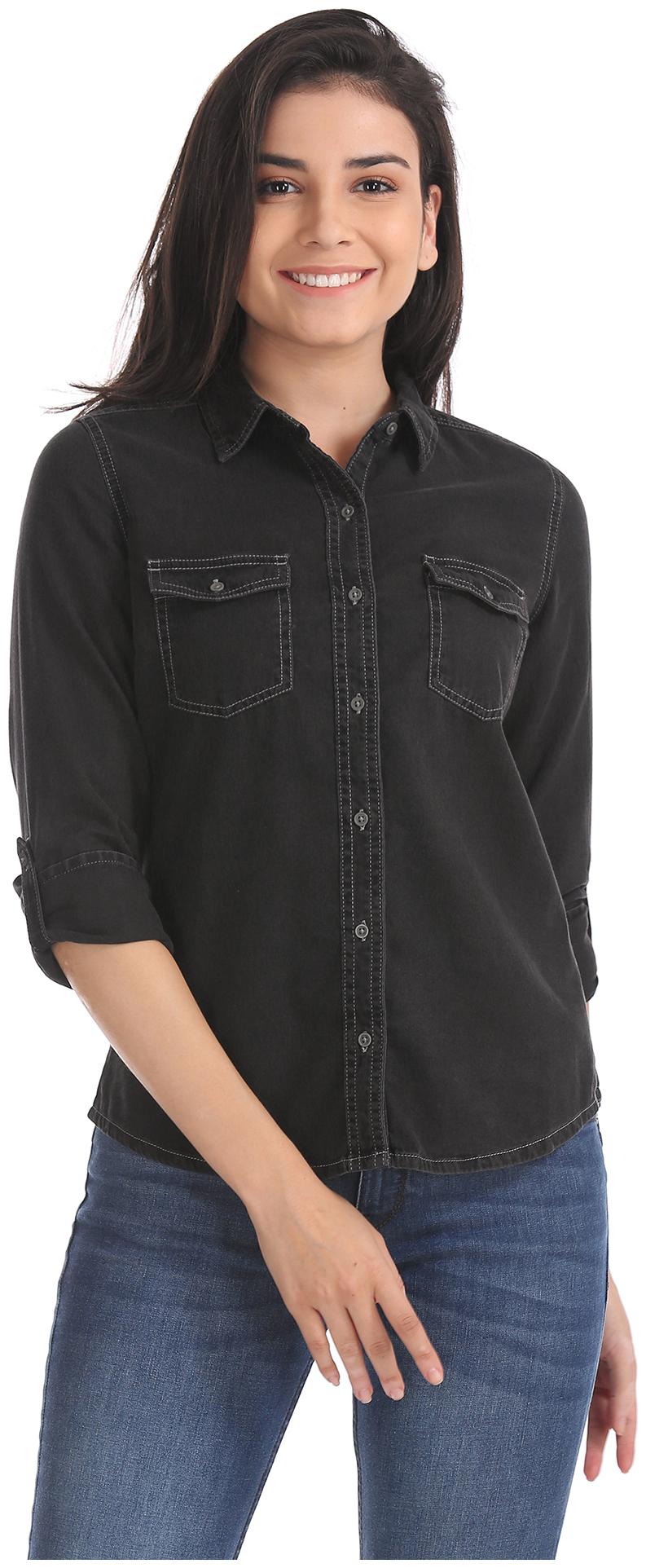 

Flying Machine Women Black Solid Regular Fit Shirt