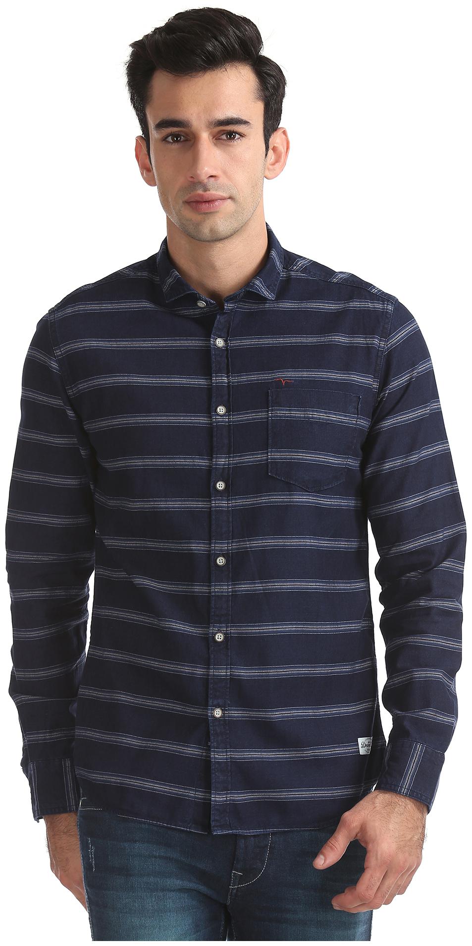 

Flying Machine Men Blue Horizontal Stripes Regular Fit Casual Shirt