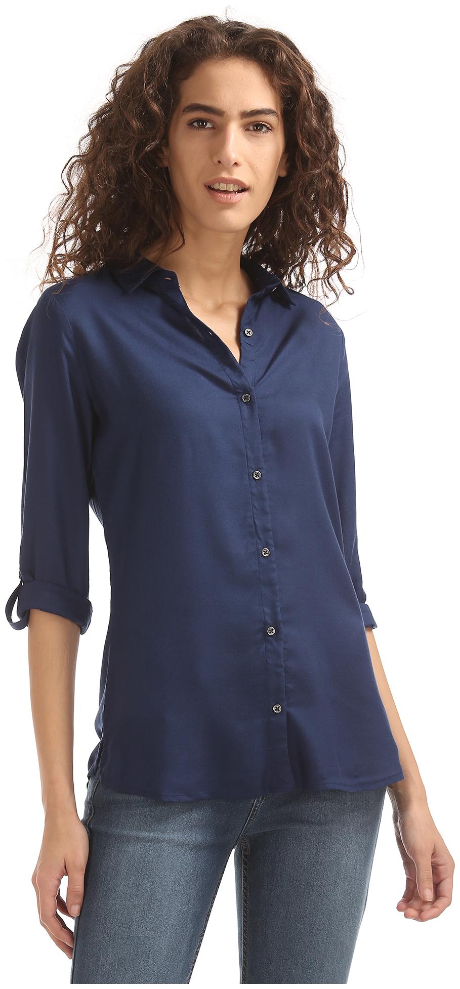 

Flying Machine Women Blue Solid Regular Fit Shirt