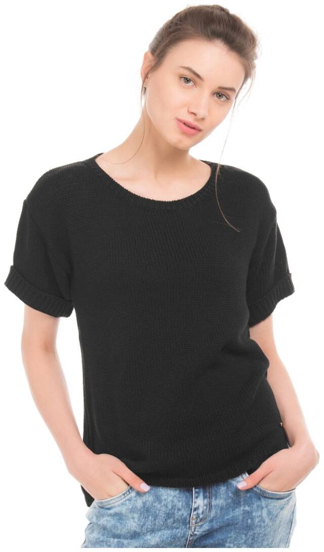 Flying Machine Women Black Regular fit Round neck Cotton T shirt