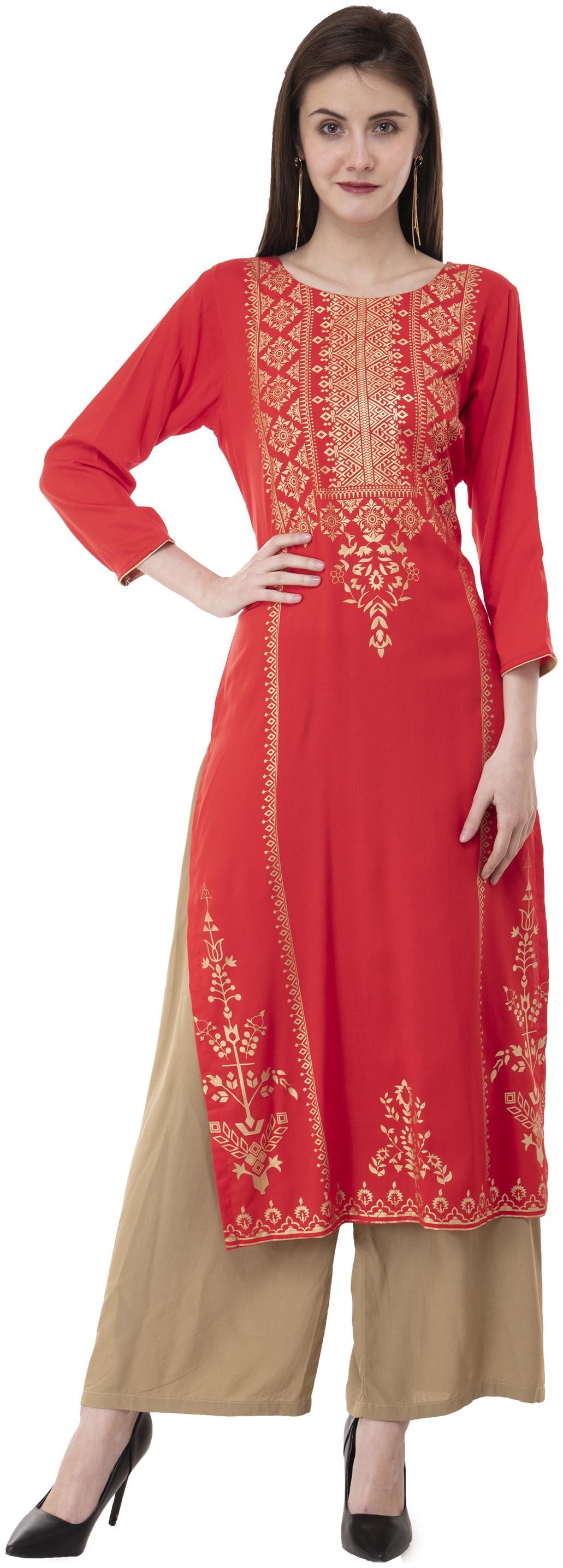 

FOIL PRINTED STRAIGHT FIT RAYON RED COLOR KURTA