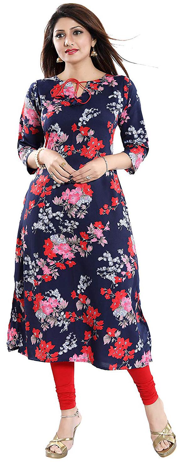 

ForeverYoung Women Crepe Floral Navy Blue Kurti