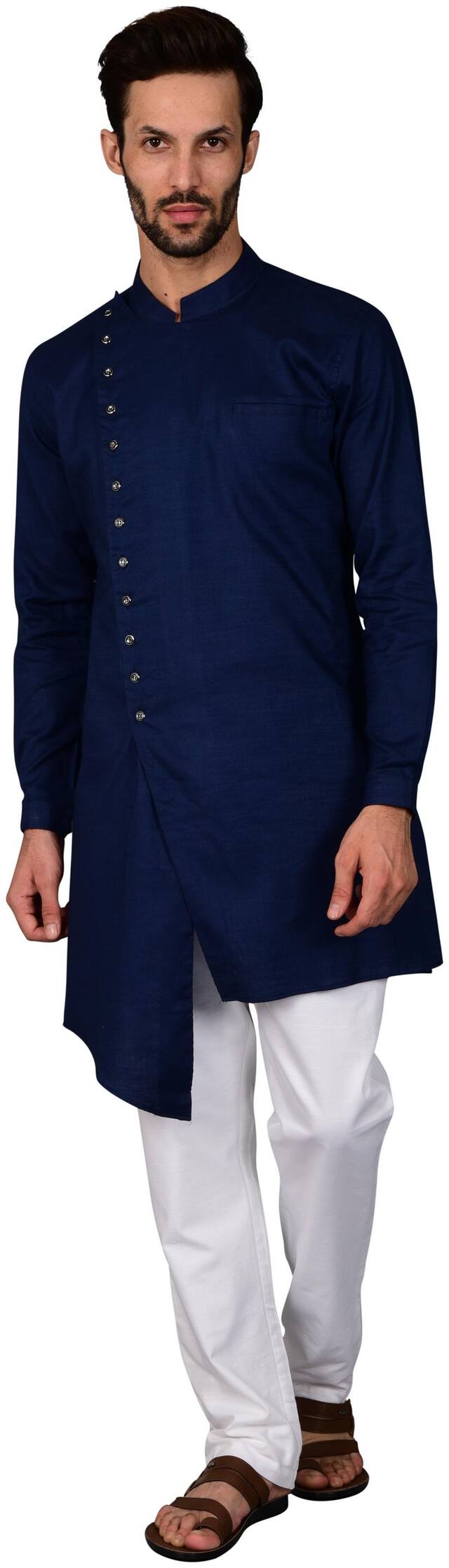 Fourfolds Designer Sherwani Style Asymmetric Kurta with Trouser Style Pyjama for Men Blue color