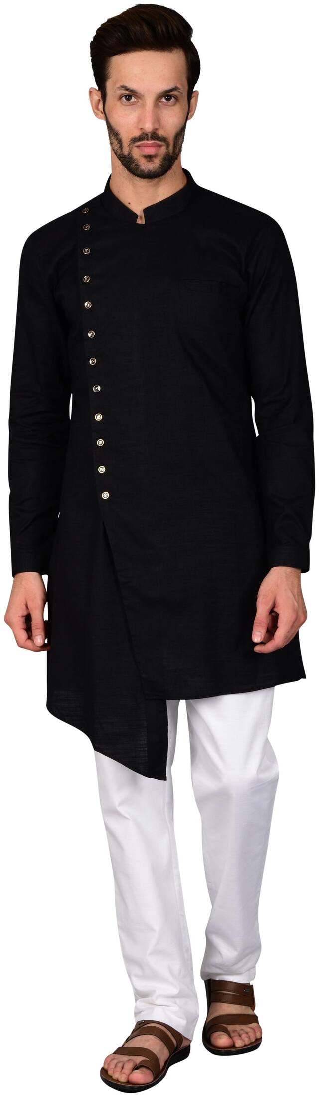 Fourfolds Designer Sherwani Style Asymmetric Kurta with Trouser Style Pyjama for Men Black color