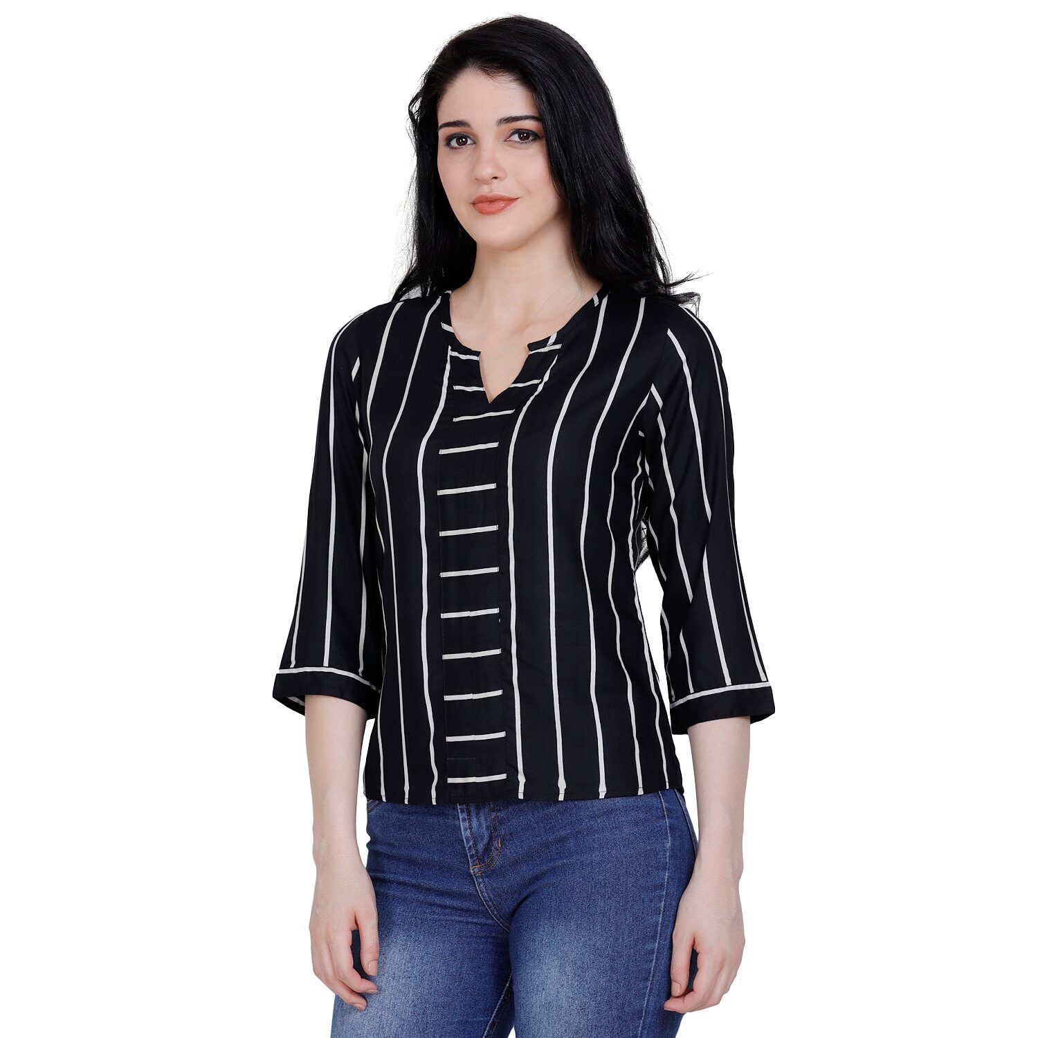 

Fragrant Flower Women Viscose Rayon Striped Black Top