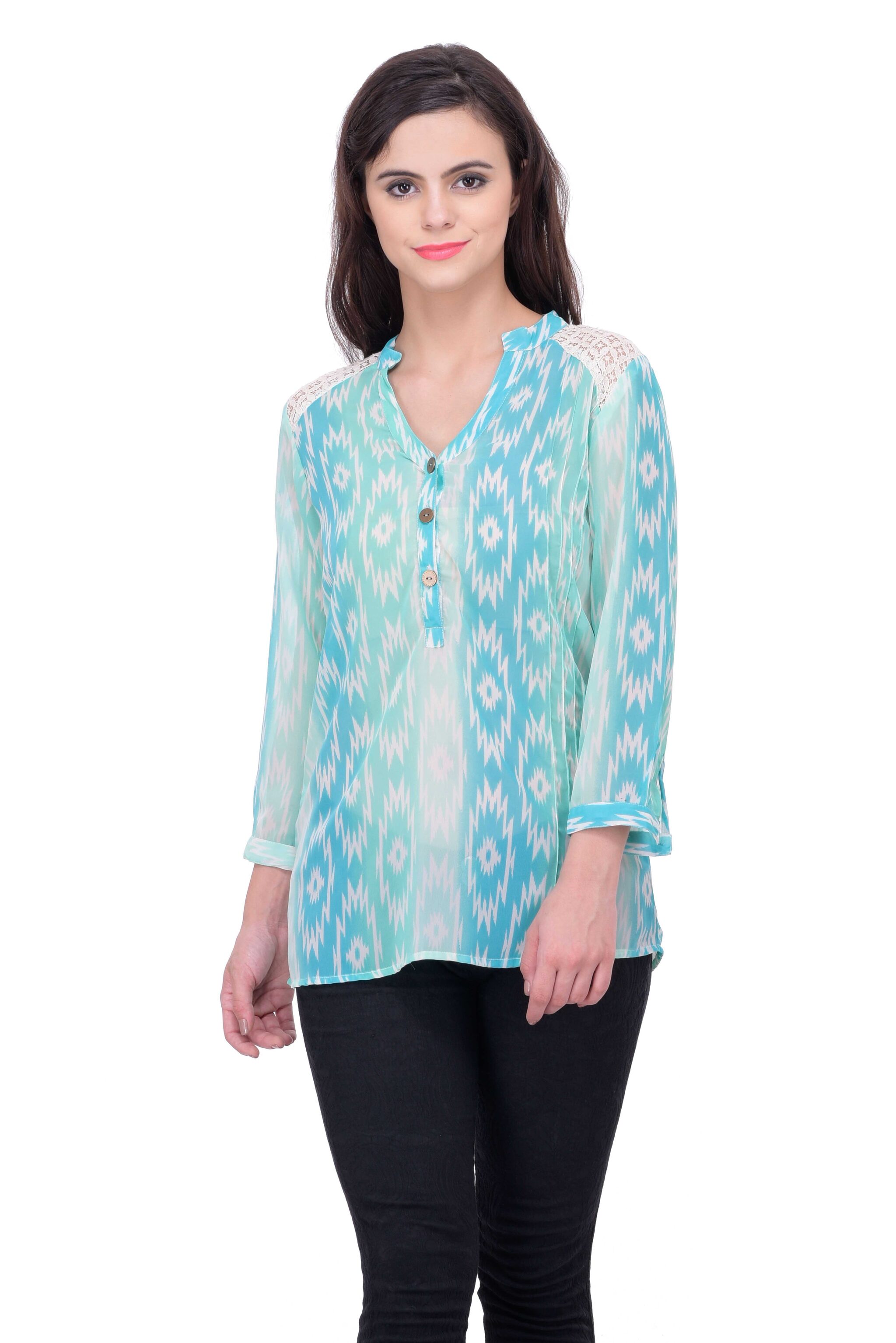 

Fragrant Flower Women Georgette Printed Blue Top