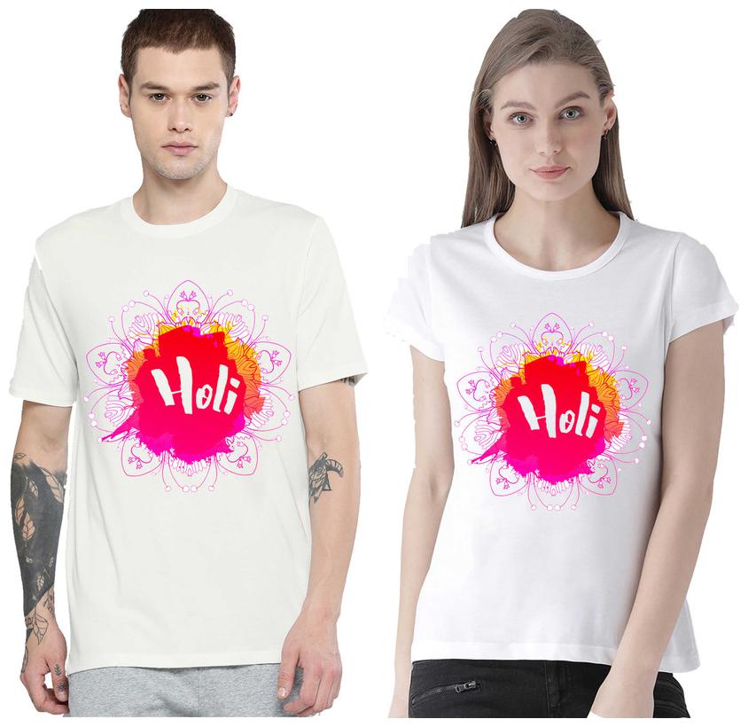 

Freely Couple Half-Sleeve Cotton White Printed T-Shirts - Pack of 2 (HOLI EDITION)