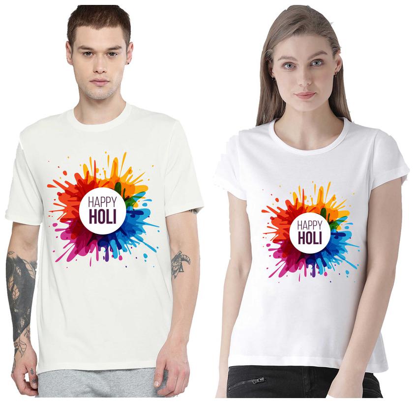 

Freely Couple Half-Sleeve Cotton White Printed T-Shirts - Pack of 2 (HOLI EDITION)