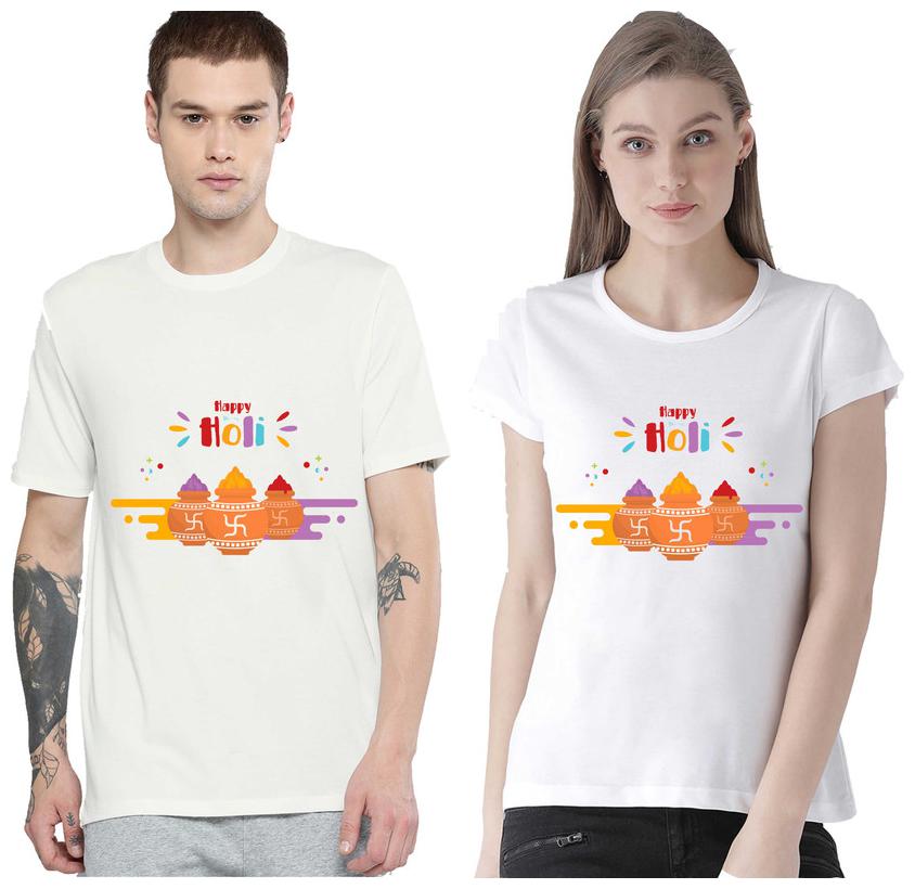 

Freely Couple Half-Sleeve Cotton White Color Printed T-Shirts - Pack Of 2 (Holi Edition)