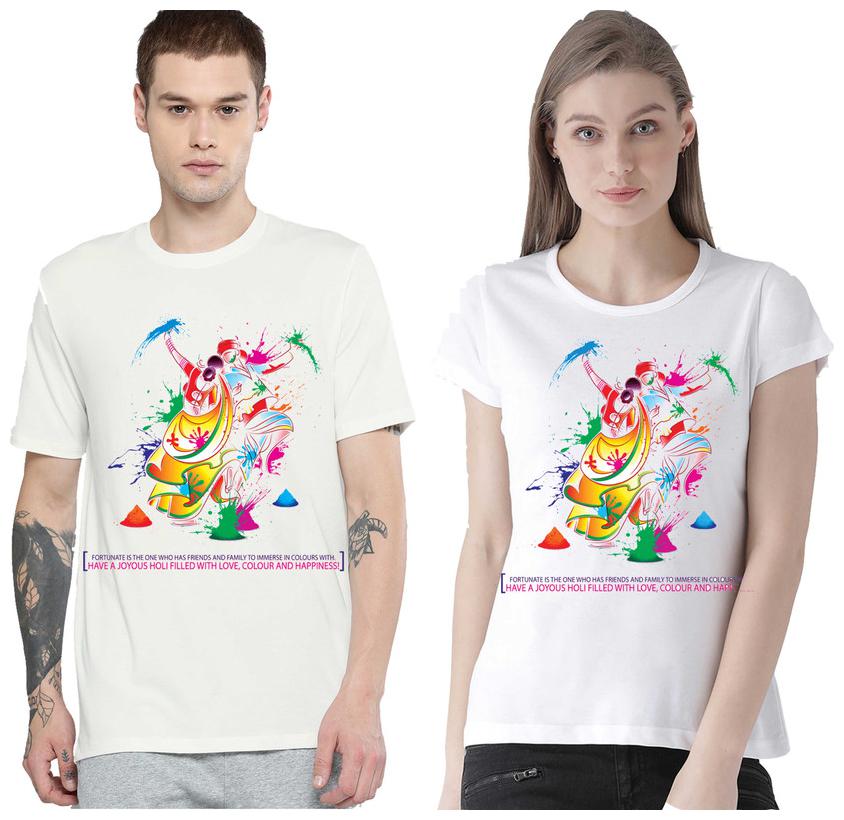

Freely Couple Half-Sleeve Cotton White Printed T-Shirts - Pack of 2 (HOLI EDITION)