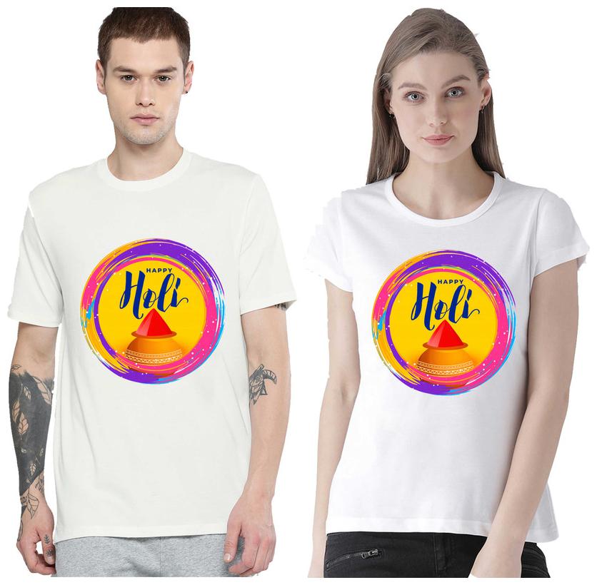 

Freely Couple Half-Sleeve Cotton White Printed T-Shirts - Pack of 2 (HOLI EDITION)
