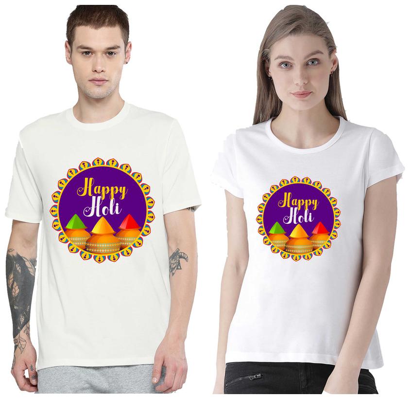 

Freely Couple Half-Sleeve Cotton White Printed T-Shirts - Pack of 2 (HOLI EDITION)