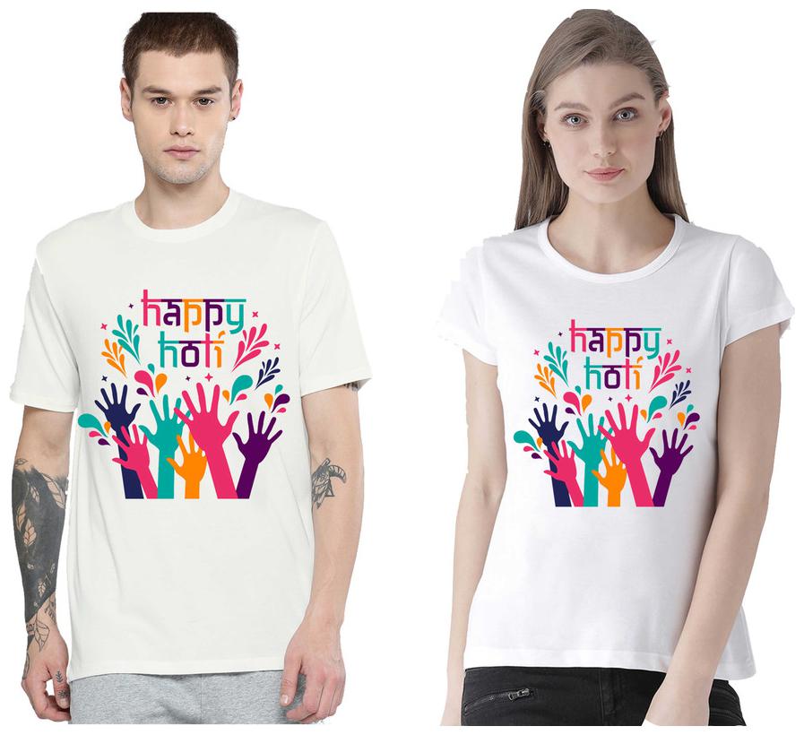 

Freely Couple Half-Sleeve Poly-Cotton Printed White Color T-Shirts - Pack of 2 (HOLI EDITION)