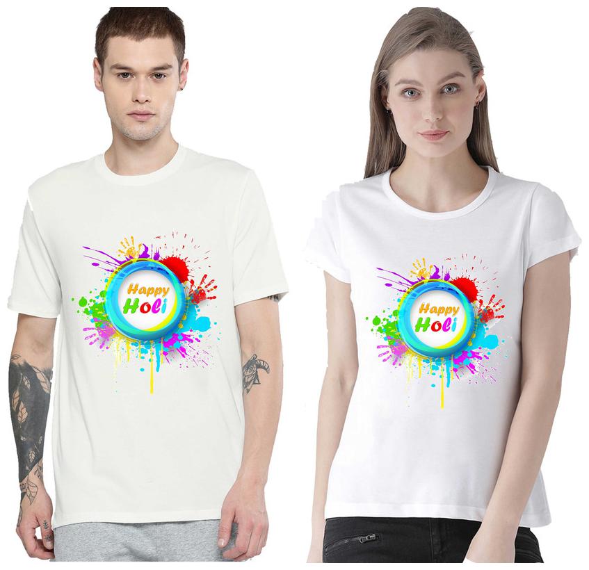 

Freely Couple Half-Sleeve Poly-Cotton Printed White Color T-Shirts - Pack of 2 (HOLI EDITION)