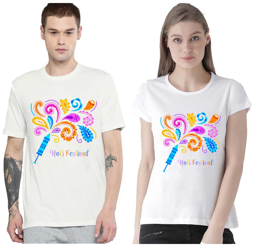 

Freely Couple Half-Sleeve Cotton White Printed T-Shirts - Pack of 2 (HOLI EDITION)