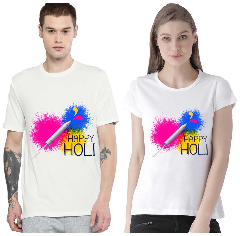 

Freely Couple Half-Sleeve Cotton White Printed T-Shirts - Pack of 2 (HOLI EDITION)