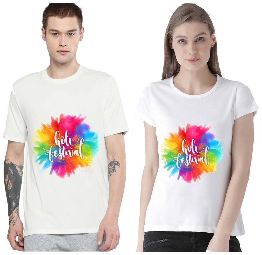 

Freely Couple Half-Sleeve Cotton White Printed T-Shirts - Pack of 2 (HOLI EDITION)