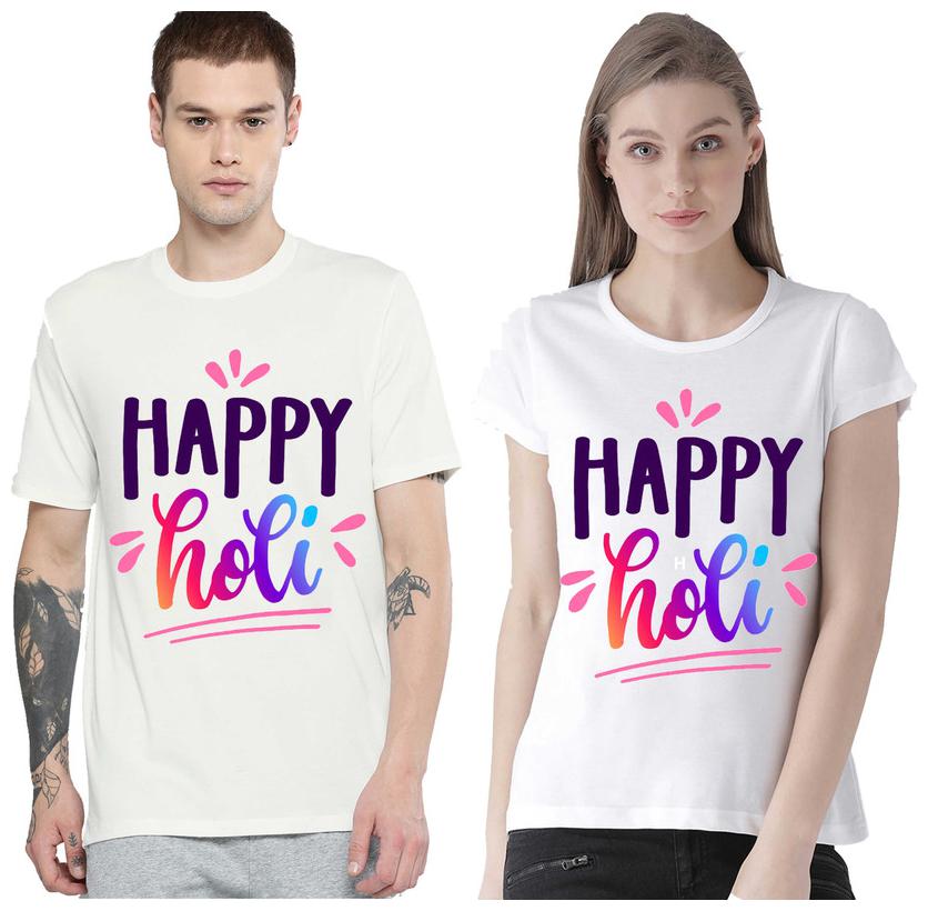 

Freely Couple Half-Sleeve Cotton White Printed T-Shirts - Pack of 2 (HOLI EDITION)