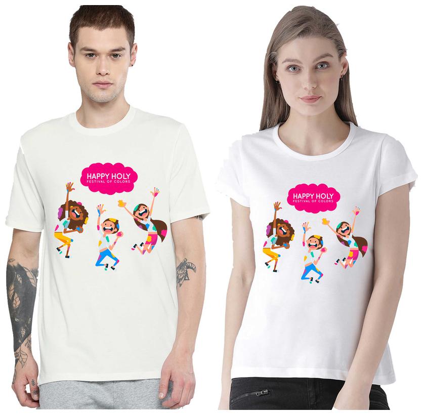 

Freely Couple Half-Sleeve Cotton White Printed T-Shirts - Pack of 2 (HOLI EDITION)