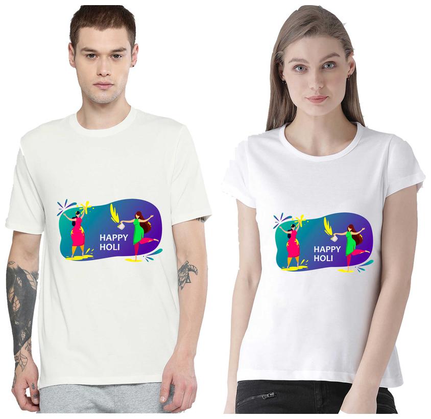 

Freely Couple Half-Sleeve Cotton White Printed T-Shirts - Pack of 2 (HOLI EDITION)