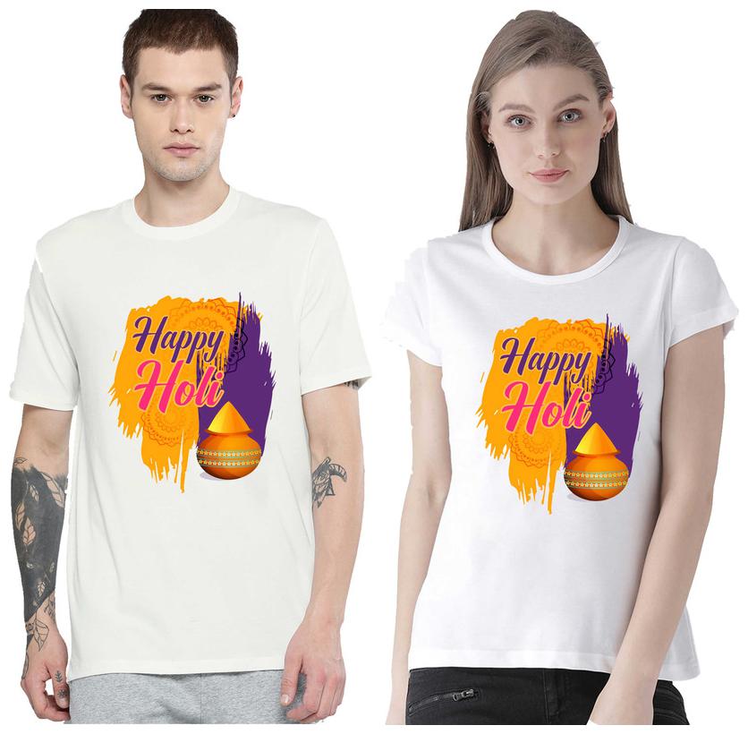 

Freely Couple Half-Sleeve Cotton White Printed T-Shirts - Pack of 2 (HOLI EDITION)