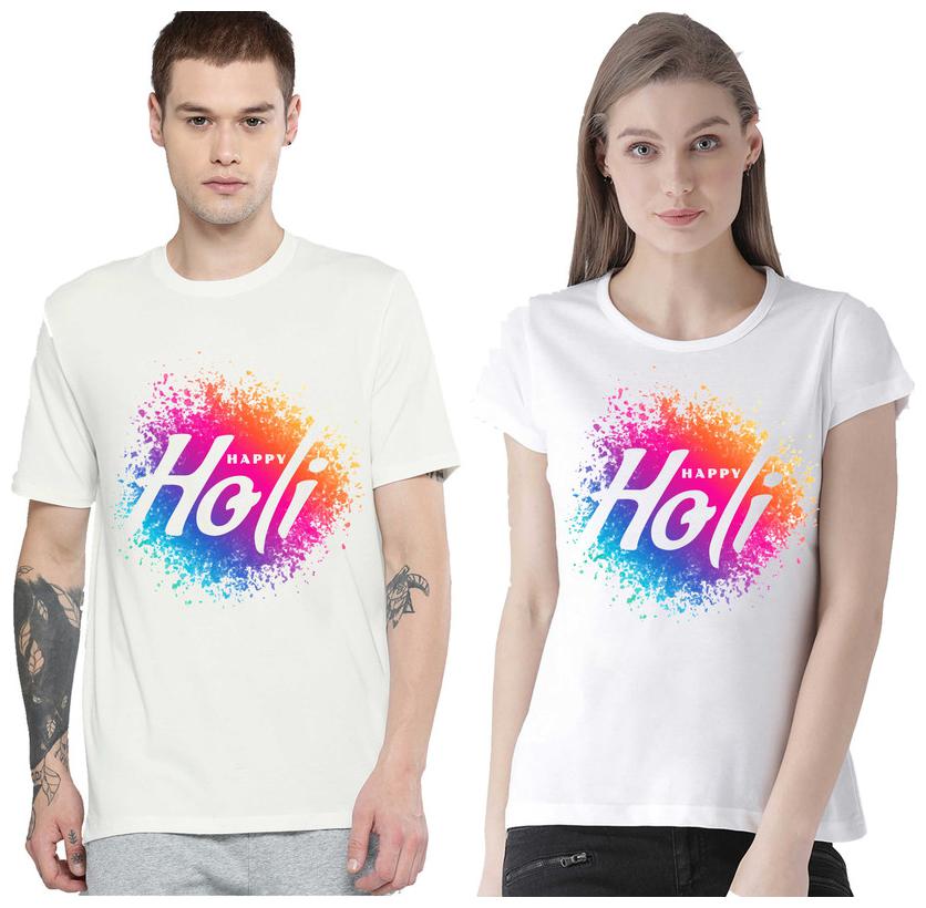 

Freely Couple Half-Sleeve Cotton White Printed T-Shirts - Pack of 2 (HOLI EDITION)